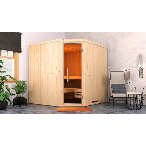 WEKA Ecksauna Varberg 3 für 8 Personen in Braun mit 7,5 kW Ofen und externer Steuerung - Bild 2
