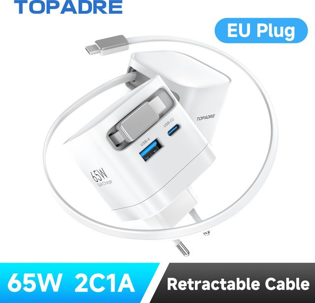 TOPADRE 65W GaN Schnellladegerät in Weiß mit einziehbarem Kabel und faltbarem Stecker für iPhone, Samsung, iPad und Android-Smartphones - Bild 1