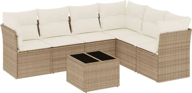 vidaXL 7-teilige Garten-Sofagarnitur aus Poly-Rattan in Beige mit Kissen und Stauraum - Bild 1