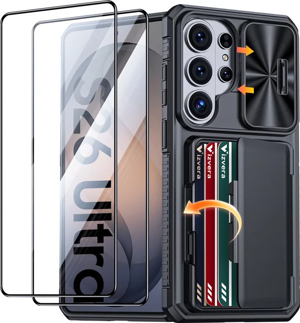 BANGZAO Silikon-Schutzhülle für Galaxy S26 Ultra mit Kartenhalter und RFID-Schutz, Schwarz - Bild 1