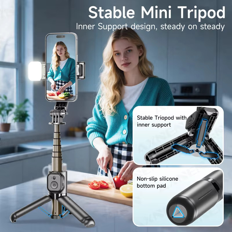 Axnen Bluetooth Selfie-Stick Stativ mit Fernbedienung und abnehmbarem LED-Licht in Schwarz für iPhone und Android-Smartphones - Bild 2
