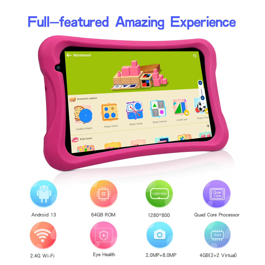 PRITOM Kinder Android Tablet 8 Zoll in Pink mit 64 GB ROM, 2 GB RAM, Quad Core, 5000 mAh, WiFi und Bluetooth - Bild 4