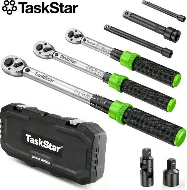 TaskStar Mechanisches Drehmomentschlüssel Set 8-teilig in Silber mit 1/4, 3/8 und 1/2 Zoll Antrieb für Fahrrad und Motorrad Reparaturen - Bild 1