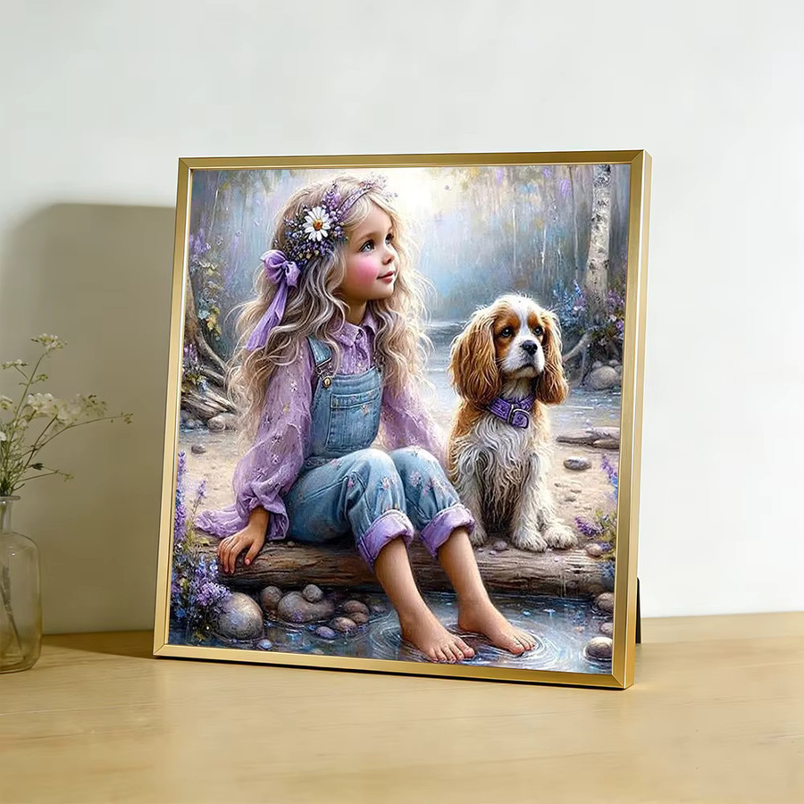 DMC Kreuzstich-Set mit Mädchenporträt und Hund auf Leinwand, 11CT Stickerei in Multicolour - Bild 3