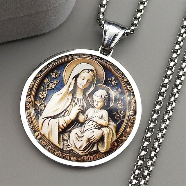 AFAWA Anhänger Halskette, Jungfrau Maria Medaille, Edelstahl, Gold, Unisex - Bild 1