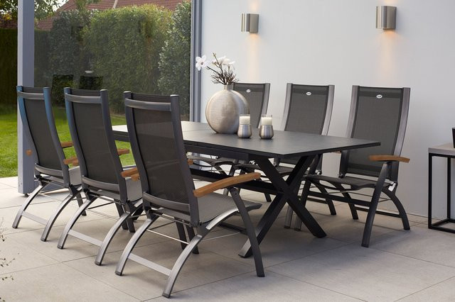 Hartman Xanadu Primo Garten-Essgruppe in Anthrazit und Schwarz mit 6 Klappstühlen, Aluminium, Textilene und Glaskeramik, Tisch mit Ausziehfunktion, B/T/H: 160 x 100 cm bis 220 x 100 cm - Bild 1