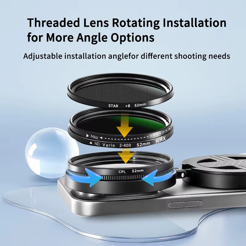 OBKEY Magnetisches ND-Filter-Kit für Smartphones und Android, ND2-400 verstellbar, 52mm/67mm, optisches Glasobjektiv, Schwarz - Bild 3