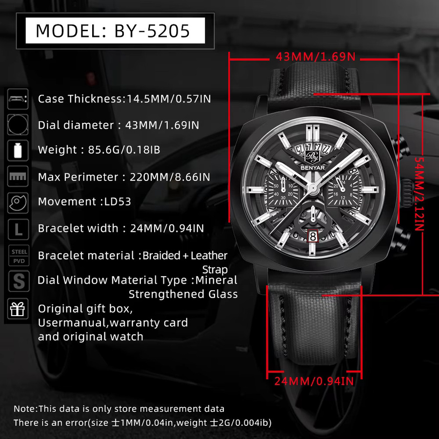 BENYAR Chronograph, Armbanduhr, Quarz, Leder, Schwarz, Herren - Bild 6