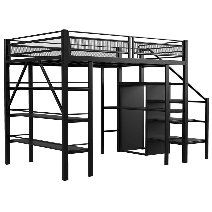 Merax Hochbett für Erwachsene in Schwarz mit Tisch, Schrank, Regal und Treppe, B/T/H: 200 x 140 x 252 cm - Bild 2