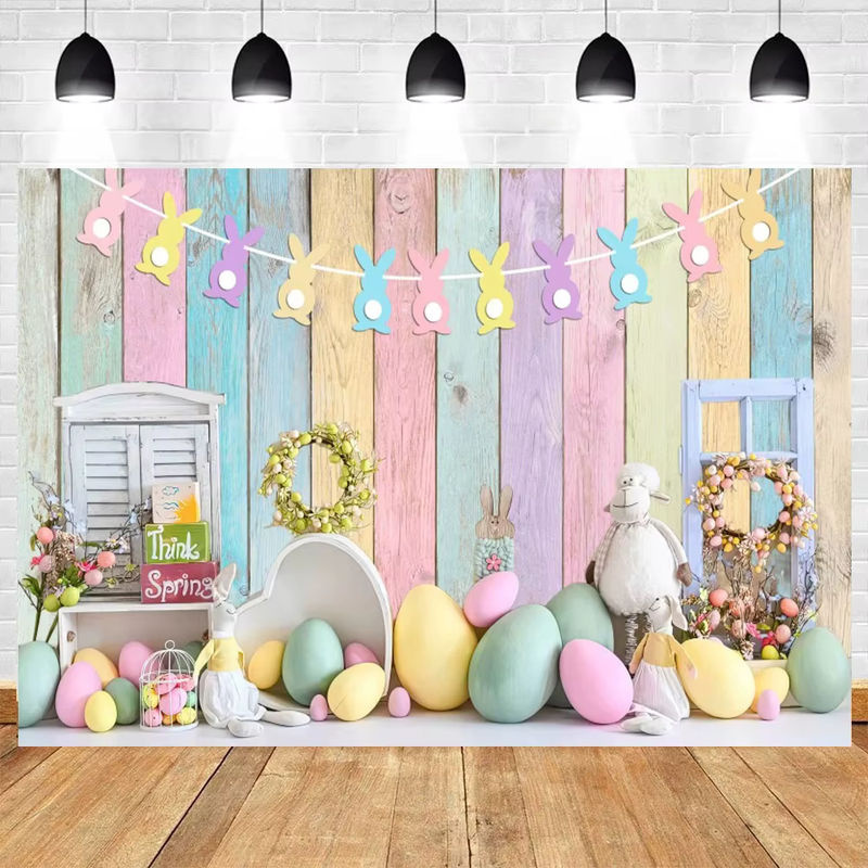 Ostern und Frühling Vinyl-Hintergrund mit Blumen, Gras und Kaninchen in Grün und Mehrfarbig für Babypartys und Kinderzimmer-Dekoration - Bild 2