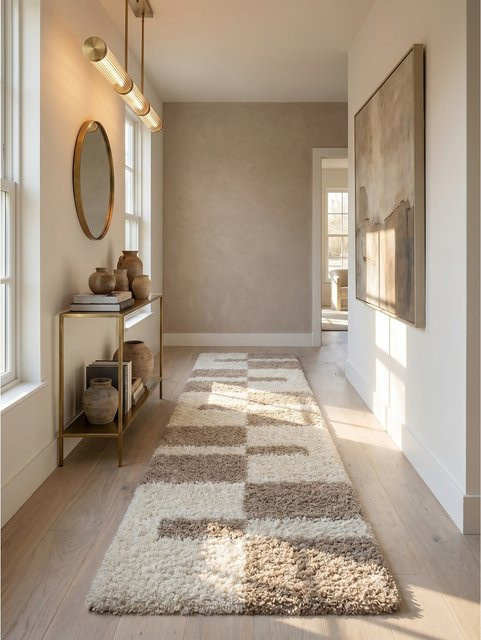 Hochflorteppich Kadima Design modern kariert in Beige, B/T: 80 x 250 cm - Bild 1