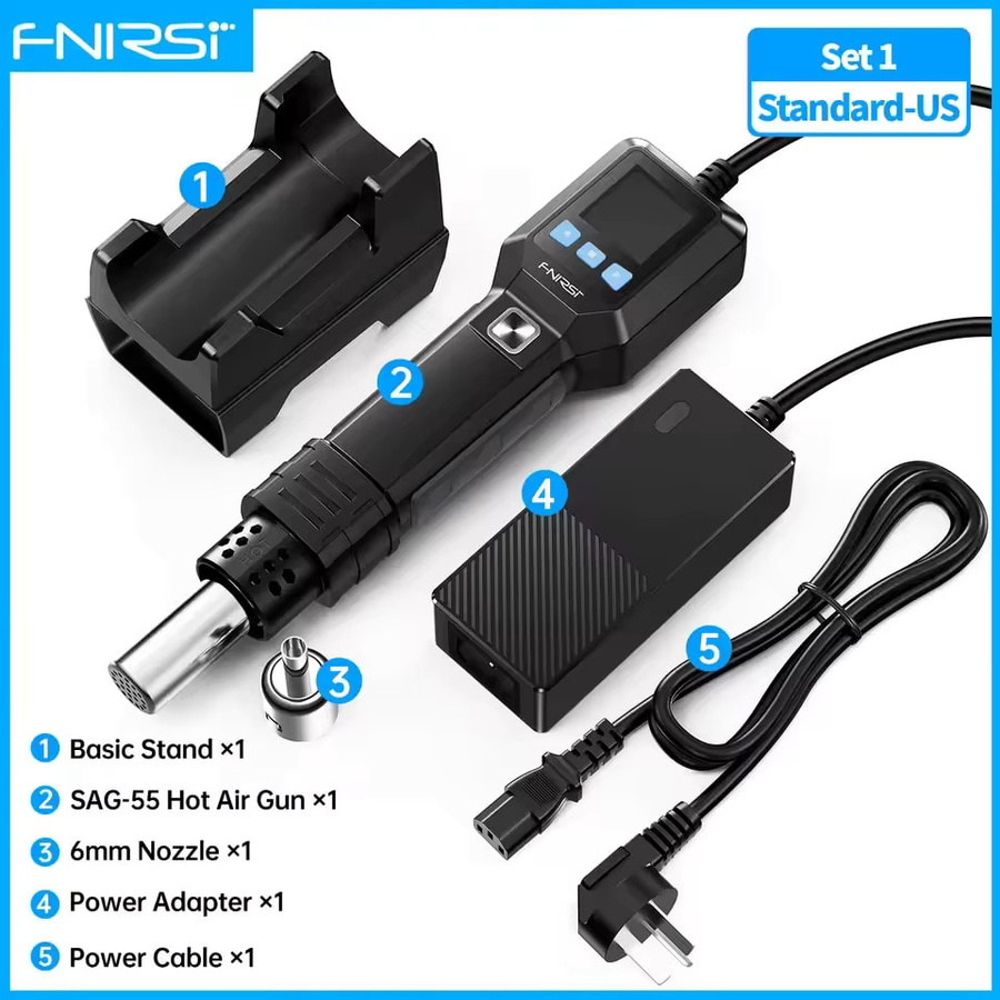 FNIRSI SAG-55 Mikro-Heißluftpistole 550W in Schwarz mit LCD-Digitalanzeige und Ständer für BGA Rework Schweißreparaturen - Bild 6