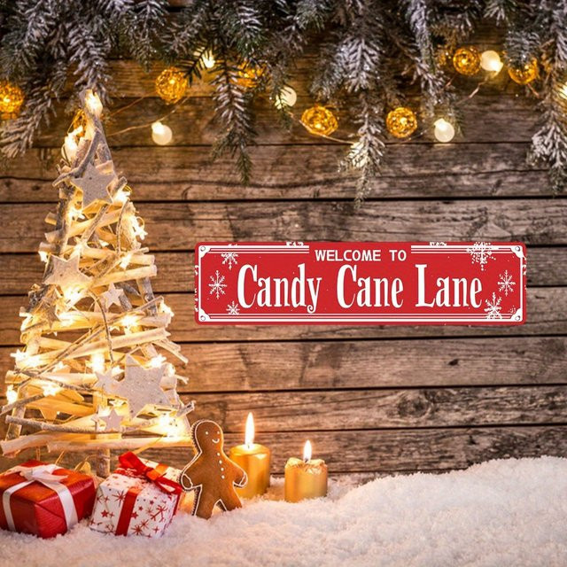 Vintage Weihnachtsblechschild Welcome to Candy Cane Lane Wanddekoration in Rot und Weiß, B/H: 40,6 x 10,2 cm - Bild 1