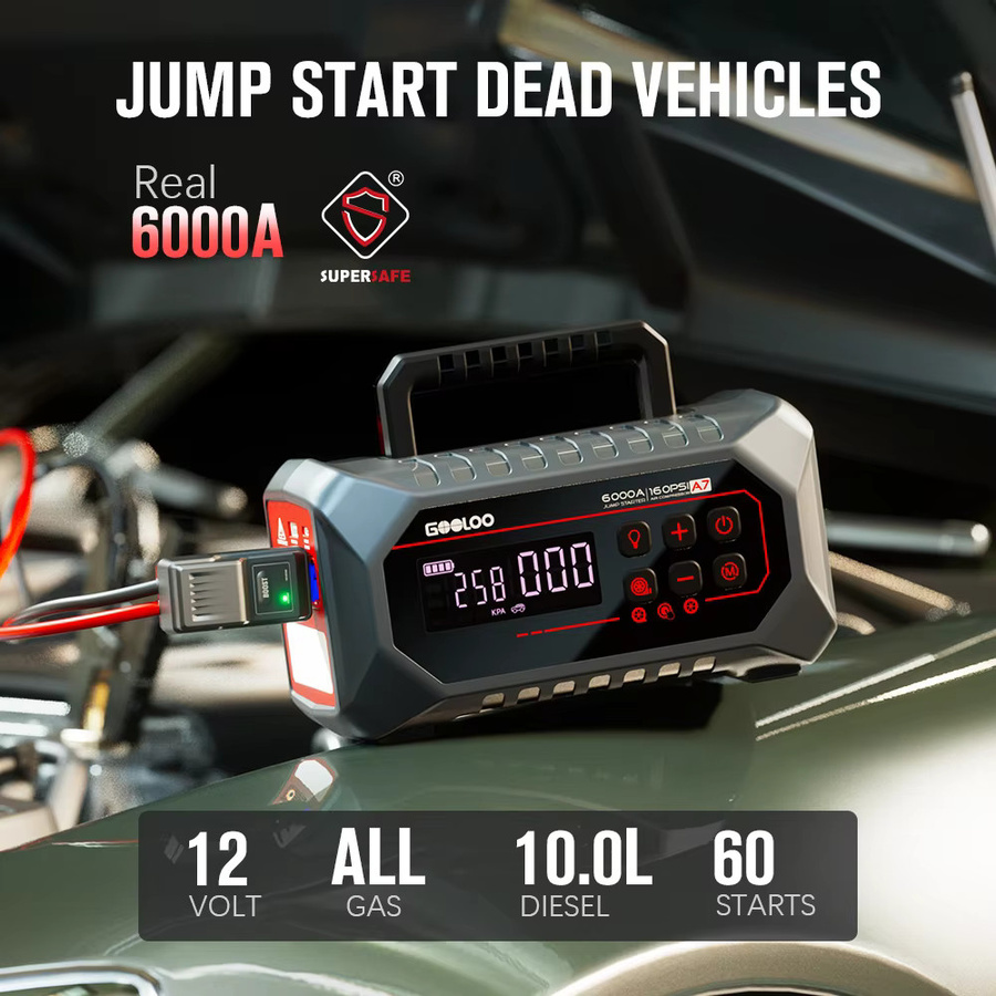 GOOLOO Tragbare Starthilfe-Powerbank mit 24000mAh und 160PSI Luftpumpe, 12V Auto-Booster für Benzin- und Diesel-Fahrzeuge, Schwarz - Bild 3