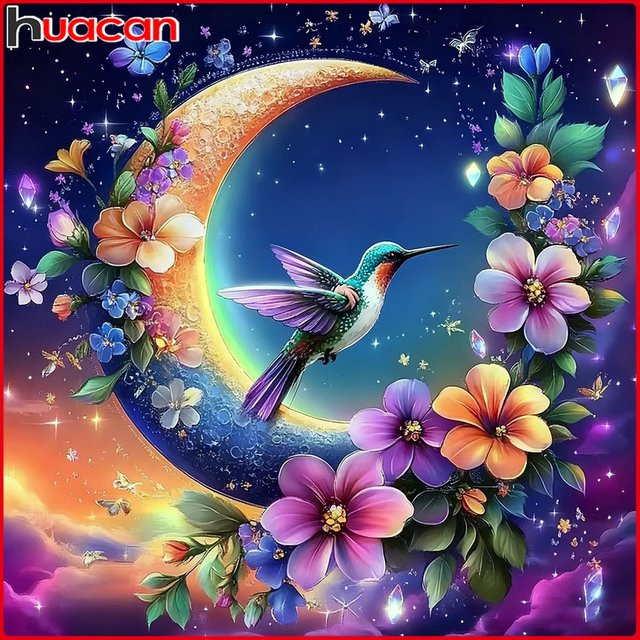 Huacan Diamantgemälde Vogel und Mond als Diamantmosaik Set in Mehrfarbig für deine Heimdekoration, Breite: 20 cm, Höhe: 20 cm - Bild 1