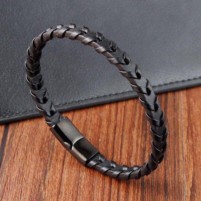 Armband Leder, geflochten, Schwarz, Edelstahl, Magnetverschluss, Herren, 23 cm - Bild 1