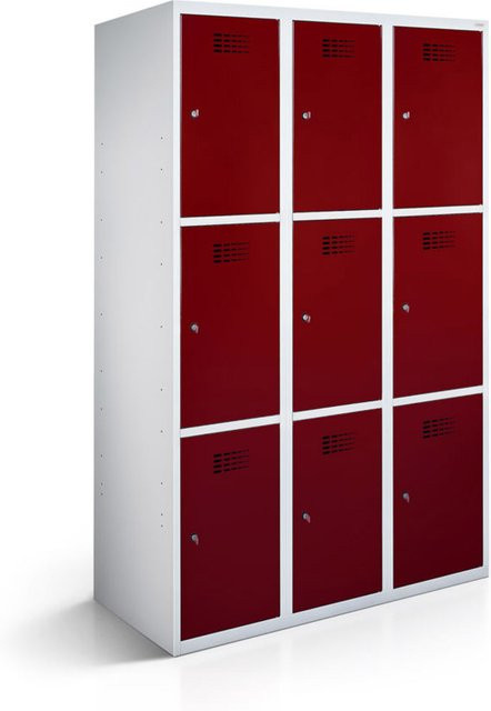 rotstahl Fächerschrank mit 9 Fächern in Bordeaux und lichtgrauem Korpus, B/T/H: 120 x 50 x 180 cm - Bild 1