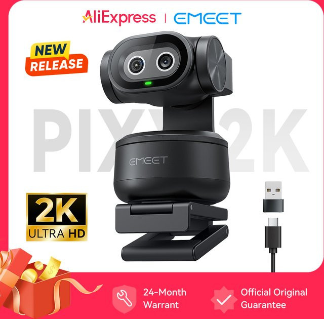 EMEET PIXY 2K Webcam in Schwarz mit Sony-Sensor, KI-Tracking, Gestensteuerung und PTZ-Funktion, Full HD 1080P 60fps Autofokus für Streaming und OBS - Bild 1