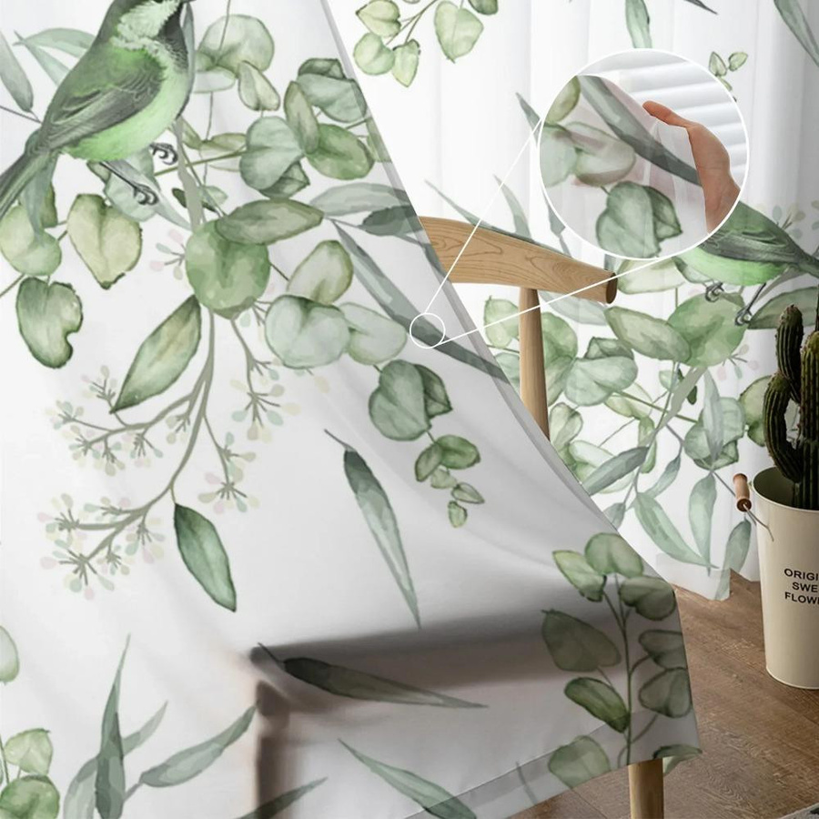 Yiran Furniture Transparenter Vorhang mit grünem Blätter- und Vogel-Aquarellmuster aus Tüll und Organza, Breite: 135 cm, Höhe: 115 cm - Bild 2