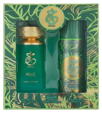 Paris Corner Khair Pistachio Eau de Parfum, 100 ml, Set mit Deodorant Spray 200 ml