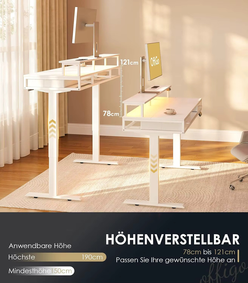 OffiGo Elektrischer Schreibtisch Höhenverstellbar in Weiß mit Tastaturablage und Schubladen, Breite: 120 cm - Bild 3