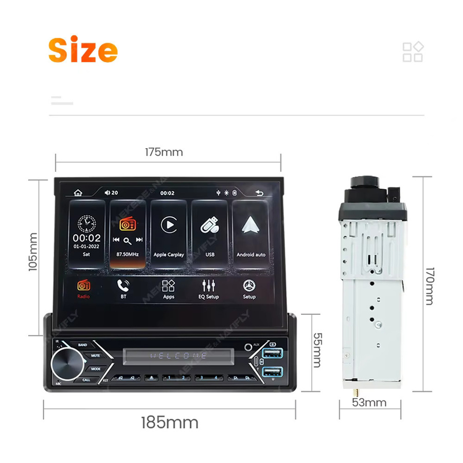 MEKEDE Universal 7 Zoll 1DIN Versenkbarer Multimedia Video Player mit Android Auto und CarPlay, Bluetooth, USB und FM - Bild 3