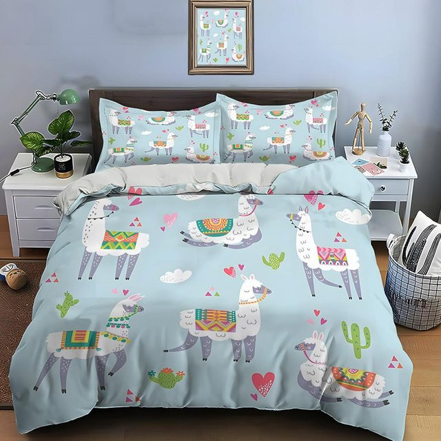 Wucifang Bags Bettwäsche Set mit Llama Alpaka Motiv in Blau, bestehend aus 1 Bettbezug und 2 Kissenbezügen, B/H: 140 x 210 cm - Bild 1