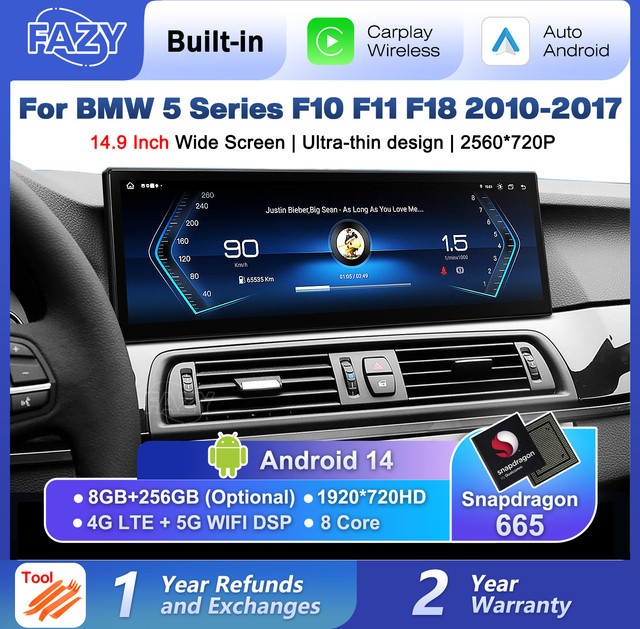 FAZY Android 14 Wireless Carplay 2K HD Bildschirm für BMW 5er Serie F10 F11 F18 (2010-2017) mit GPS und Wi-Fi, Schwarz, 14,9 Zoll - Bild 1
