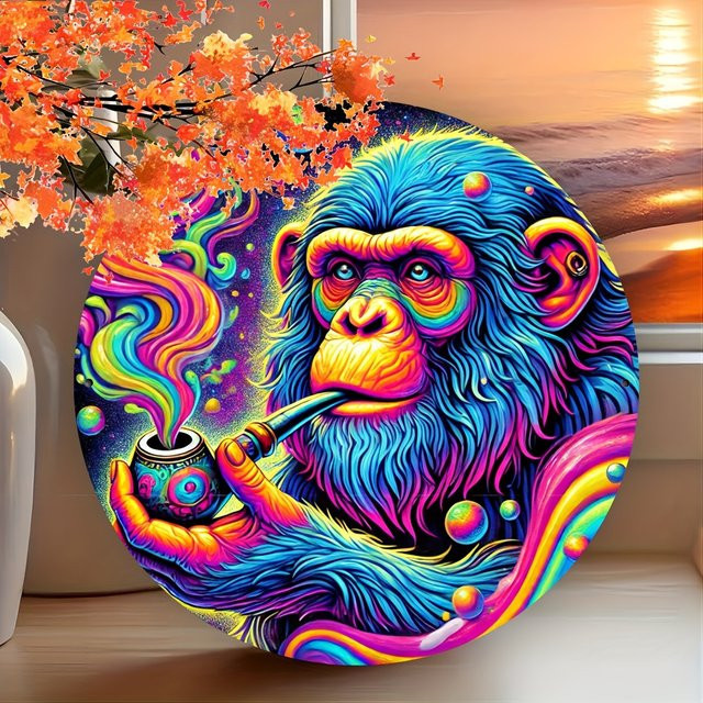 Rundes Metallschild Potdemiel mit psychedelischem Affen-Motiv in Mehrfarbig, Wandkunst aus Eisen, Durchmesser: 20,3 cm - Bild 1