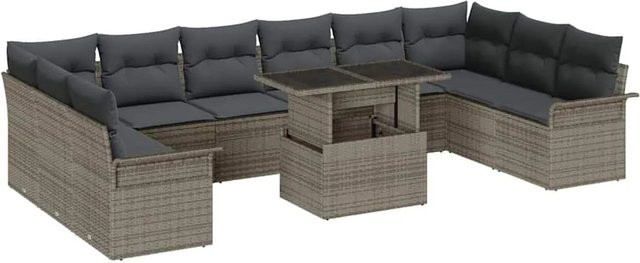 vidaXL Garten-Sofa-Set aus Polyrattan in Grau mit Kissen, 11-teiliges Lounge-Set in U-Form - Bild 1