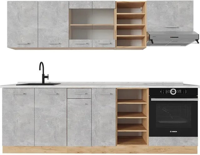Vicco R-Line Küchenzeile Beton Goldkraft Eiche mit Marmor-Optik, Breite: 240 cm - Bild 1