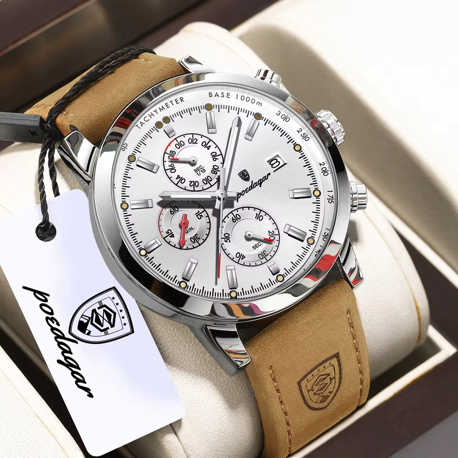 POEDAGAR Armbanduhr, Chronograph, Quarz, Leder, Herren, Schwarz - Bild 2