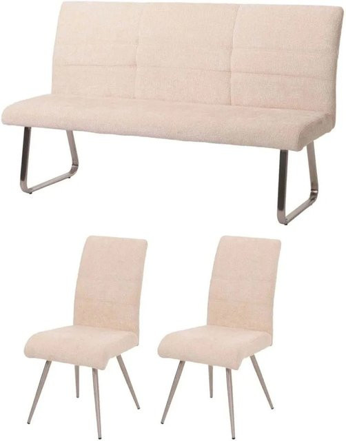 MCW Esszimmer-Set G55 mit 2 Stühlen und einer Sitzbank in Creme, Stoff Chenille und gebürstetem Edelstahl, Breite: 160 cm - Bild 2