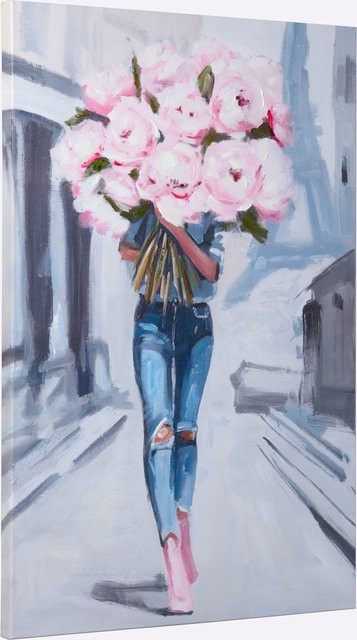 Impressionen Frau mit Blumenstrauß Leinwand in Blau-Rosé auf Kiefernholzrahmen B: 105,0 cm, H: 70,0 cm, T: 3,5 cm - Bild 1