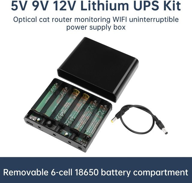 Lötfreier 18650-USV-Batteriekasten in Schwarz mit mehreren Ausgängen für 12 V, 9 V und 5 V, 60 W DC-Backup-Stromversorgung für Router und Überwachungskameras ohne Batterie - Bild 1