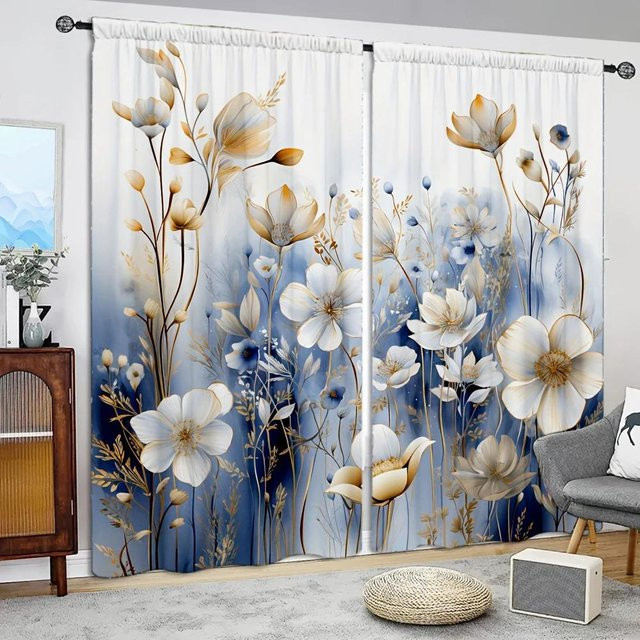 2er-Set Vorhänge mit weißem Blumenmuster in Grau, halbtransparent, B: 52,5 cm, H: 116 cm - Bild 1