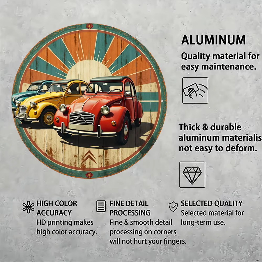 Runde Vintage Aluminium-Wandtafel von CIFBUY mit Automobil-Kunst in Multicolour, Durchmesser: 20 cm - Bild 4
