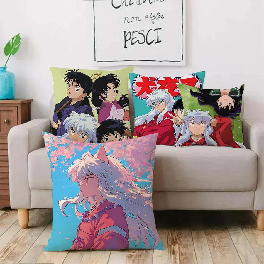 Dekorativer Inuyasha Kissenbezug aus kurzem Plüsch mit doppelseitigem Cartoon-Druck, Multicolor, B/H: 18 x 18 cm - Bild 1
