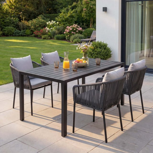 Gartengarnitur MCW mit Tisch und 4 Stühlen aus Aluminium und Seilgeflecht in Anthrazit mit grauen Kissen, B/T/H: 140 x 80 cm - Bild 1