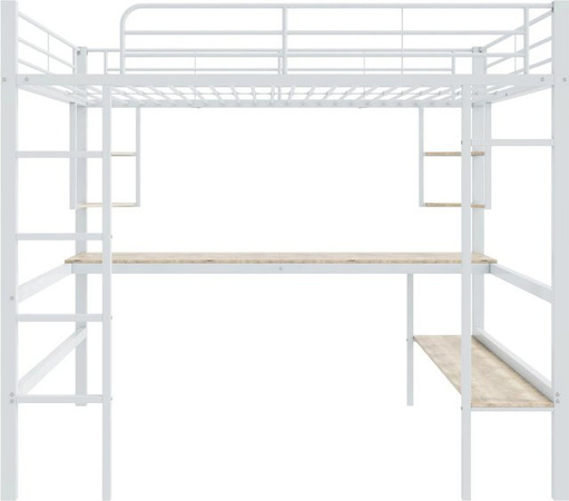 okwish Metallbett mit Schreibtisch, vier kleinen Regalen und einem großen Bücherregal in Weiß, B/T/H: 140 x 200 x 180 cm