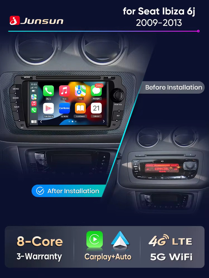 Junsun Android Autoradio mit Wireless CarPlay und Android Auto für Seat Ibiza 6J 2009-2012, 7 Zoll IPS-Touchscreen, GPS, WiFi, 4G, Bluetooth, Schwarz - Bild 6