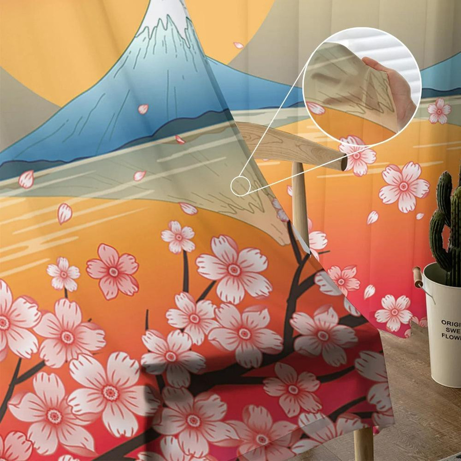 Yiran Furniture Transparenter Voile-Vorhang im Japanischen Stil mit Sakura Kirschblüte und Mt. Fuji Motiv, Breite: 135 cm, Höhe: 115 cm - Bild 1