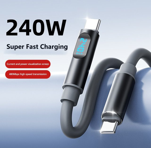 DIXSG 240W Typ-C zu Typ-C Schnellladegerät mit Digitalanzeige und USB-C Datenkabel in Schwarz oder Grau - Bild 1