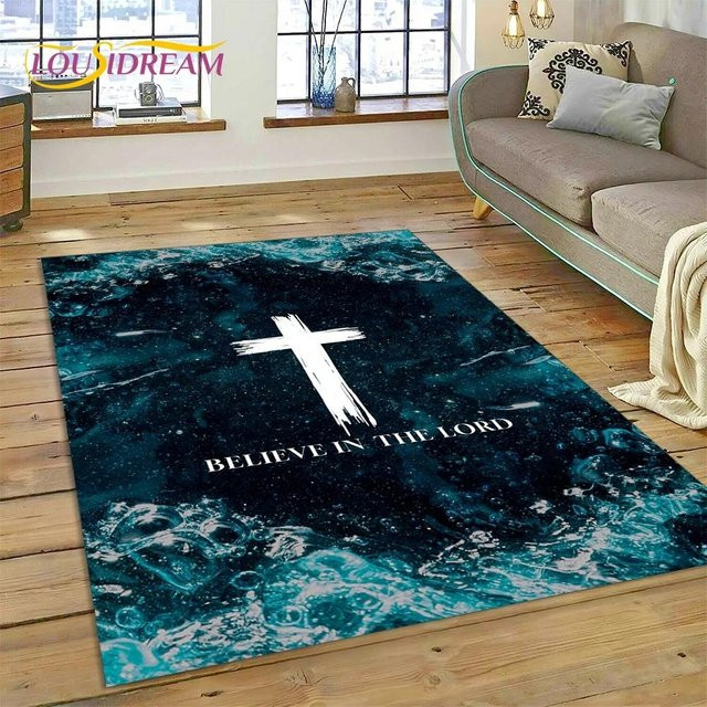 JGJG 3D Teppich mit Jesus und Bibel Motiv, Rechteckige Fußmatte für Wohnzimmer und Schlafzimmer, Mehrfarbig, B/T: 60 x 40 cm - Bild 1