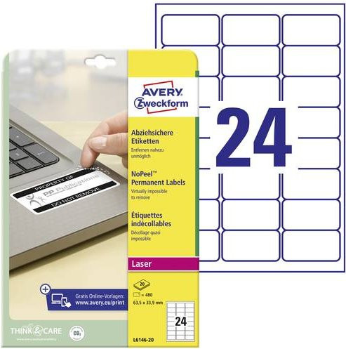 Avery Zweckform L6146-20 Sicherheits-Etiketten aus weißer Polyester-Folie, 480 Stück, B/H: 63,5 x 33,9 mm - Bild 1
