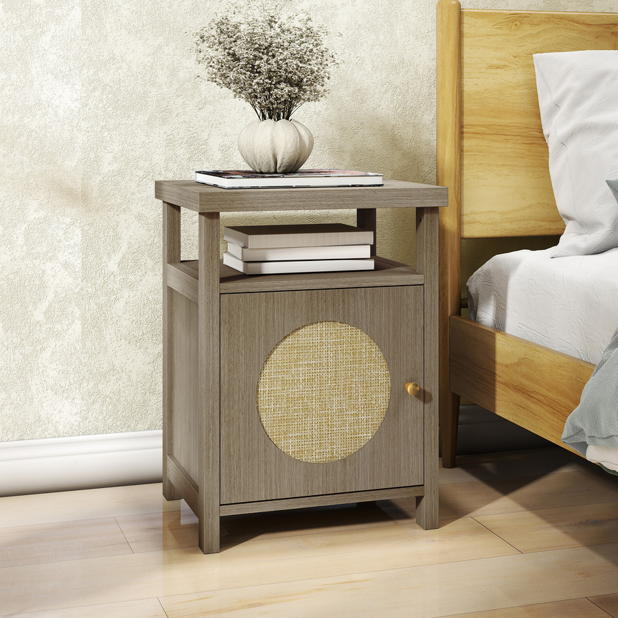 HOMCOM Nachttisch mit Rattantür und offenem Regal in Naturholz, Beistelltisch für Schlafzimmer und Wohnzimmer, B/T/H: 40 x 35 x 55 cm - Bild 2