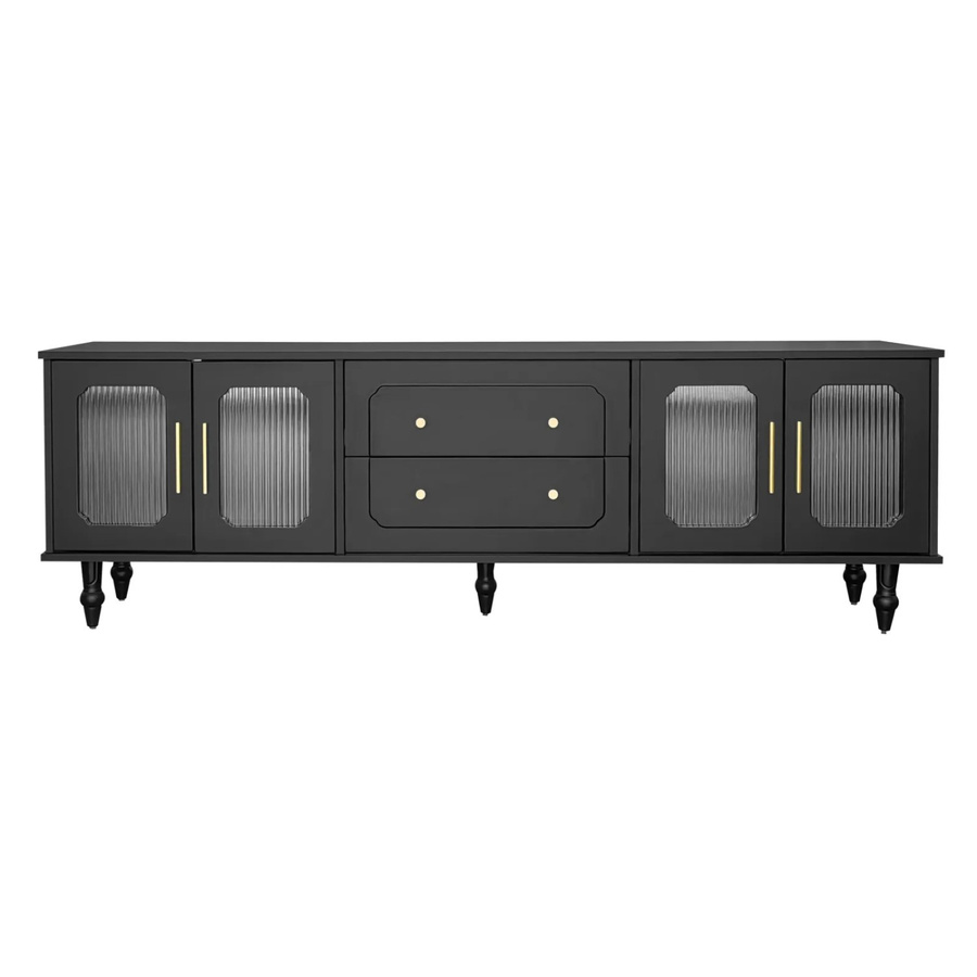 PXloue Lowboard TV-Schrank im Retro-Design mit geriffelten Türen und Glas, Schwarz-Weiß, B/T/H: 177,0 x 38,0 x 55,5 cm - Bild 2