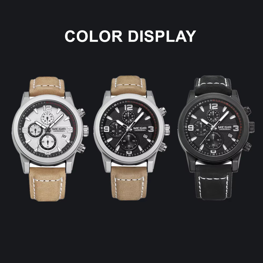 MEGIR Chronograph Armbanduhr, Quarz, Leder, Schwarz, Herren - Bild 4