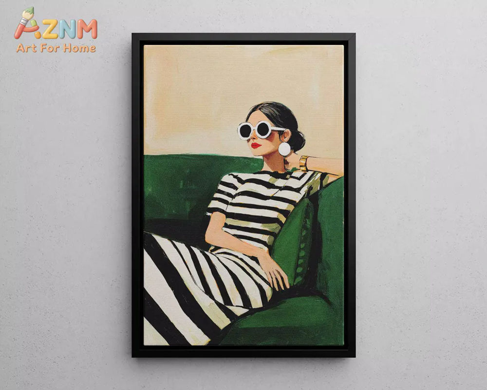 AZNM 2er-Set moderner Leinwanddruck im Hochformat mit Porträt einer eleganten Frau in Grün und Schwarz auf Papier - Bild 2