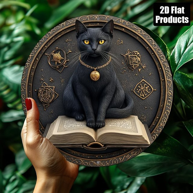 Potdemiel Vintage Black Cat Metallschild rund, Durchmesser: 20,3 cm, Wandkunst mit mystischen Symbolen in Schwarz - Bild 1